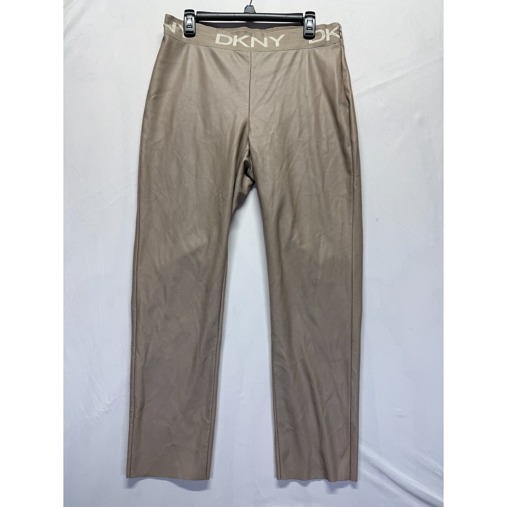 DKNY Faux Leather Leggings Womens Large Beige High Rise Straight Leg Side Zip